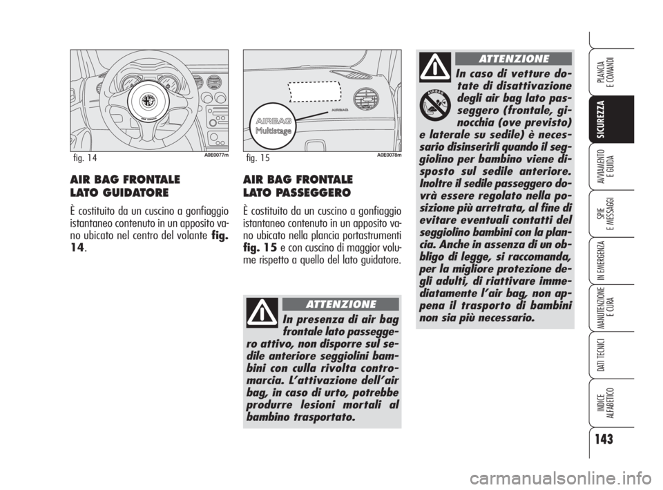Alfa Romeo 159 2009  Libretto Uso Manutenzione (in Italian) 143
SICUREZZA
SPIE
E MESSAGGI
IN EMERGENZA
MANUTENZIONE
E CURA
DATI TECNICI
INDICE
ALFABETICO
PLANCIA
E COMANDI
AVVIAMENTO 
E GUIDAAIR BAG FRONTALE 
LATO GUIDATORE
È costituito da un cuscino a gonfia