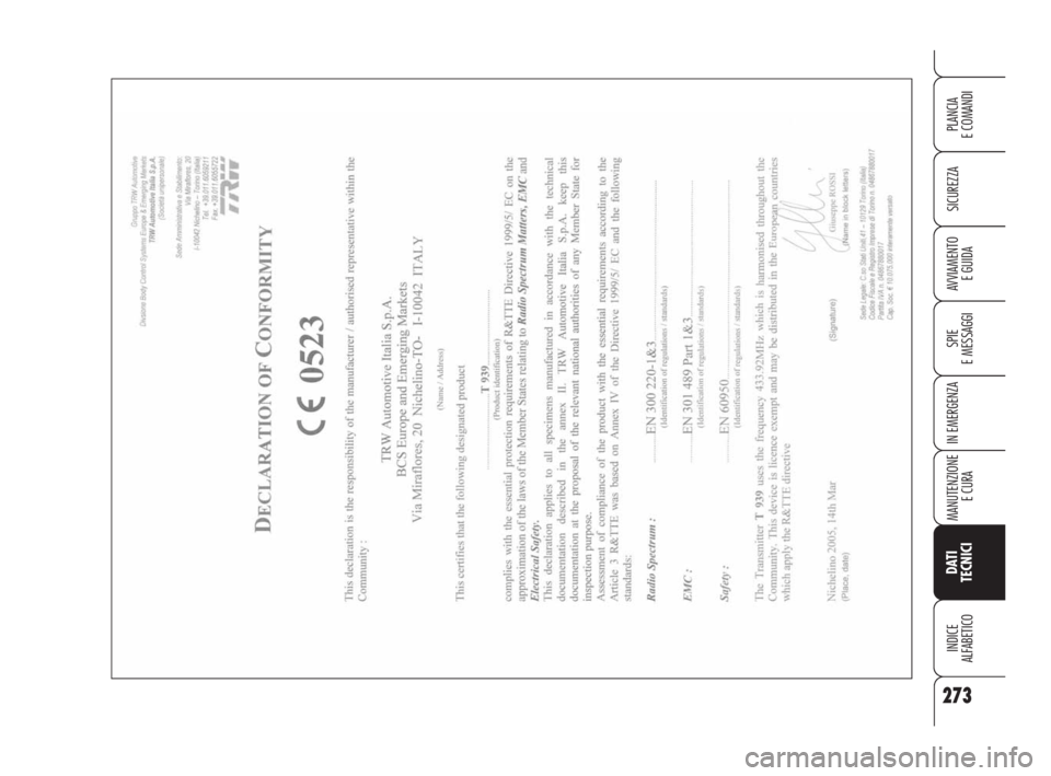 Alfa Romeo 159 2009  Libretto Uso Manutenzione (in Italian) 273
SICUREZZA
SPIE
E MESSAGGI
IN EMERGENZA
MANUTENZIONE
E CURA
DATI 
TECNICI
INDICE
ALFABETICO
PLANCIA
E COMANDI
AVVIAMENTO 
E GUIDA
271-292 Alfa 159 ITA  4-06-2008  9:24  Pagina 273 