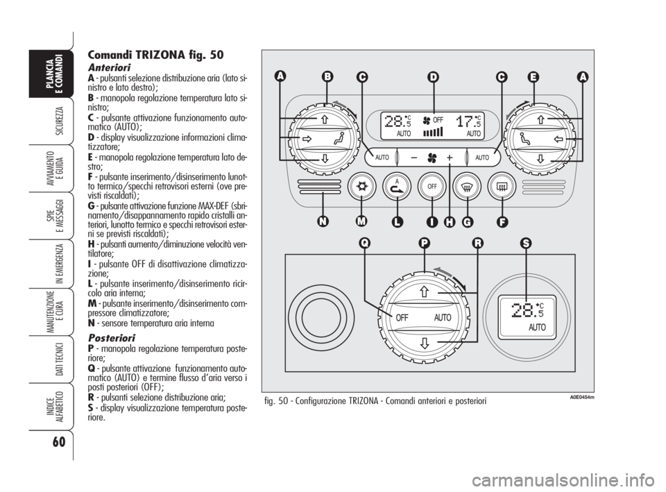Alfa Romeo 159 2009  Libretto Uso Manutenzione (in Italian) 60
SICUREZZA
SPIE
E MESSAGGI
IN EMERGENZA
MANUTENZIONE
E CURA 
DATI TECNICI
INDICE
ALFABETICO
PLANCIA
E COMANDI
AVVIAMENTO 
E GUIDA
Comandi TRIZONA fig. 50
Anteriori
A- pulsanti selezione distribuzion