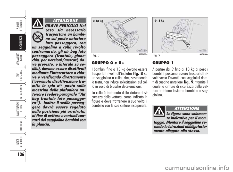 Alfa Romeo 159 2010 Libretto Uso Manutenzione (in Italian) 136
SICUREZZA
SPIE
E MESSAGGI
IN EMERGENZA
MANUTENZIONE
E CURA
DATI TECNICI
INDICE
ALFABETICO
PLANCIA
E COMANDI
AVVIAMENTO
E GUIDAGRUPPO 0 e 0+
I bambini fino a 13 kg devono essere
trasportati ri Alfa Romeo 159 2010 Libretto Uso Manutenzione (in Italian) 136
SICUREZZA
SPIE
E MESSAGGI
IN EMERGENZA
MANUTENZIONE
E CURA
DATI TECNICI
INDICE
ALFABETICO
PLANCIA
E COMANDI
AVVIAMENTO
E GUIDAGRUPPO 0 e 0+
I bambini fino a 13 kg devono essere
trasportati ri