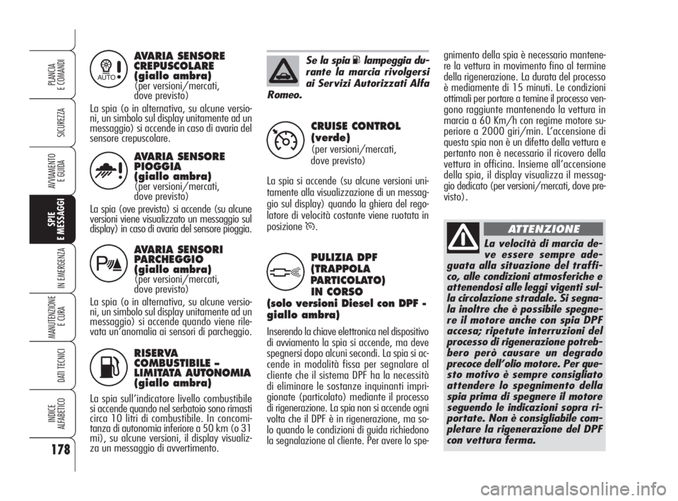 Alfa Romeo 159 2010 Libretto Uso Manutenzione (in Italian) RISERVA
COMBUSTIBILE –
LIMITATA AUTONOMIA
(giallo ambra)
La spia sull’indicatore livello combustibile
si accende quando nel serbatoio sono rimasti
circa 10 litri di combustibile. In concomi-
tan Alfa Romeo 159 2010 Libretto Uso Manutenzione (in Italian) RISERVA
COMBUSTIBILE –
LIMITATA AUTONOMIA
(giallo ambra)
La spia sull’indicatore livello combustibile
si accende quando nel serbatoio sono rimasti
circa 10 litri di combustibile. In concomi-
tan