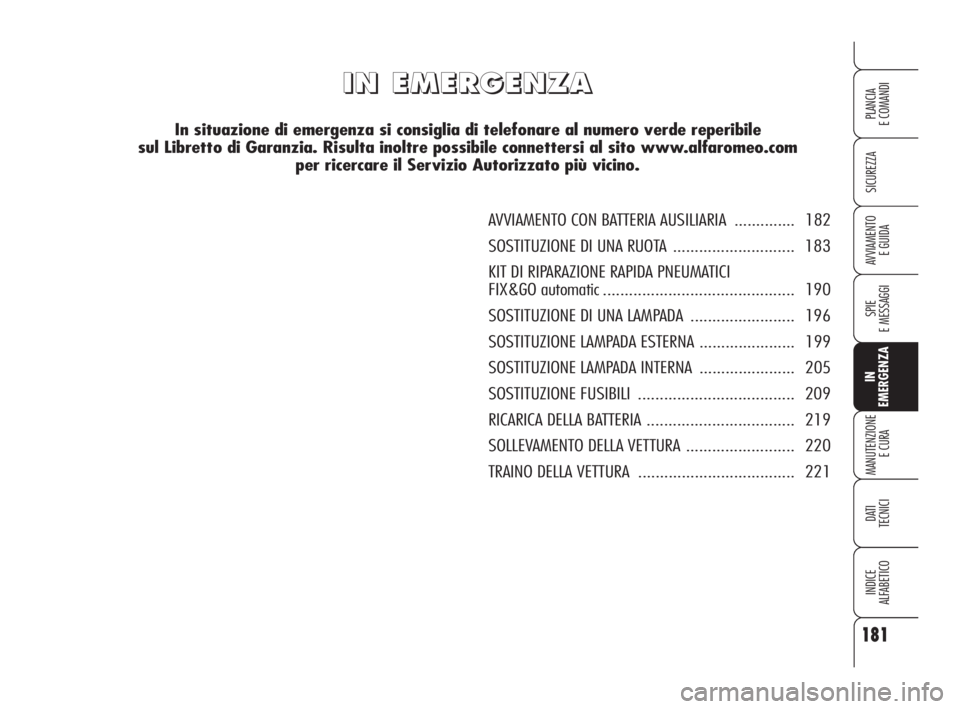 Alfa Romeo 159 2010 Libretto Uso Manutenzione (in Italian) 181
SICUREZZA
SPIE
E MESSAGGI
IN
EMERGENZA
MANUTENZIONE
E CURA
DATI
TECNICI
INDICE
ALFABETICO
PLANCIA
E COMANDI
AVVIAMENTO
E GUIDA
I I
N N
E E
M M
E E
R R
G G
E E
N N
Z Z
A A
In situazione d Alfa Romeo 159 2010 Libretto Uso Manutenzione (in Italian) 181
SICUREZZA
SPIE
E MESSAGGI
IN
EMERGENZA
MANUTENZIONE
E CURA
DATI
TECNICI
INDICE
ALFABETICO
PLANCIA
E COMANDI
AVVIAMENTO
E GUIDA
I I
N N
E E
M M
E E
R R
G G
E E
N N
Z Z
A A
In situazione d