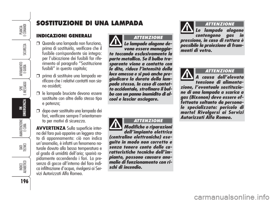 Alfa Romeo 159 2010 Libretto Uso Manutenzione (in Italian) INDICAZIONI GENERALI
❒Quando una lampada non funziona,
prima di sostituirla, verificare che il
fusibile corrispondente sia integro:
per l’ubicazione dei fusibili far rife-
rimento al paragrafo “ Alfa Romeo 159 2010 Libretto Uso Manutenzione (in Italian) INDICAZIONI GENERALI
❒Quando una lampada non funziona,
prima di sostituirla, verificare che il
fusibile corrispondente sia integro:
per l’ubicazione dei fusibili far rife-
rimento al paragrafo “