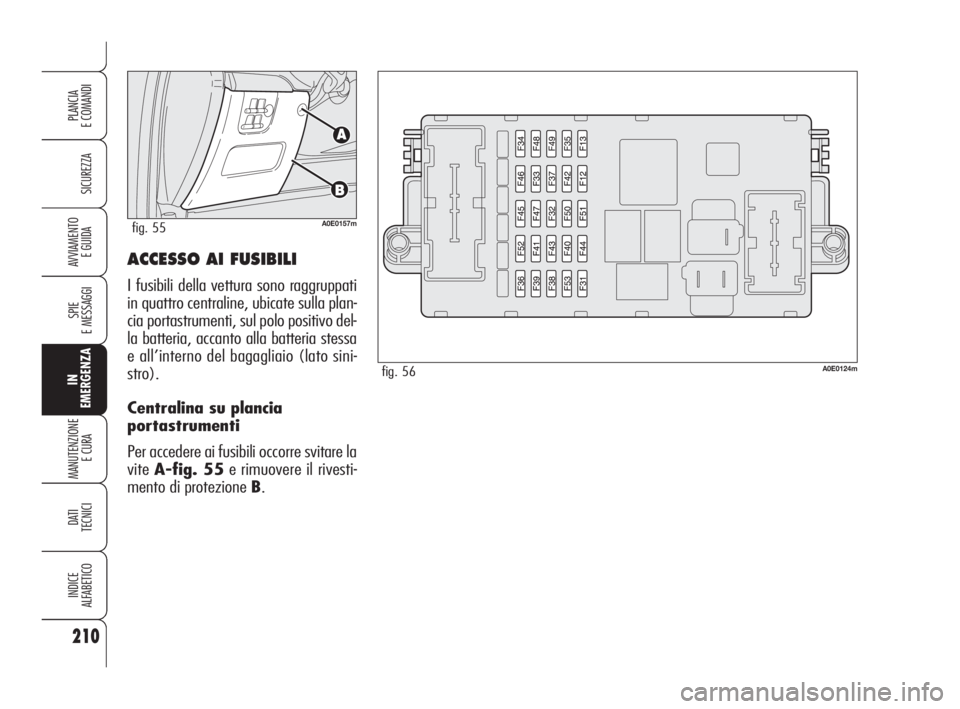 Alfa Romeo 159 2010  Libretto Uso Manutenzione (in Italian) ACCESSO AI FUSIBILI
I fusibili della vettura sono raggruppati
in quattro centraline, ubicate sulla plan-
cia portastrumenti, sul polo positivo del-
la batteria, accanto alla batteria stessa
e all’in