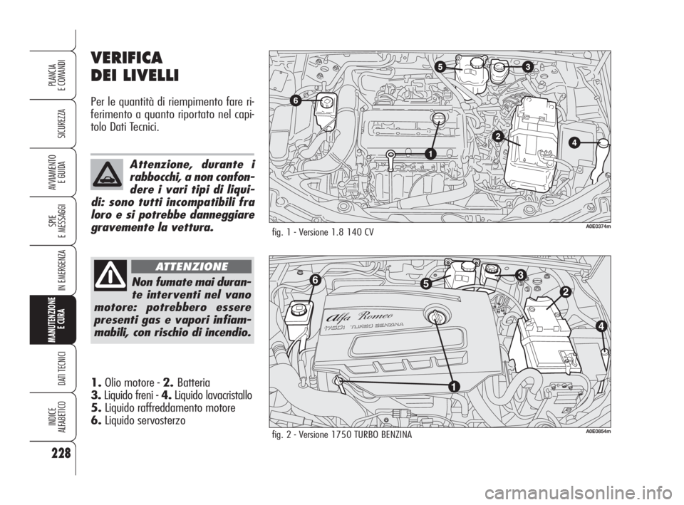 Alfa Romeo 159 2010  Libretto Uso Manutenzione (in Italian) 228
SICUREZZA
SPIE 
E MESSAGGI
IN EMERGENZA
MANUTENZIONE
E CURA 
DATI TECNICI
INDICE 
ALFABETICO
PLANCIA 
E COMANDI
AVVIAMENTO 
E GUIDA
VERIFICA 
DEI LIVELLI
Per le quantità di riempimento fare ri-
f