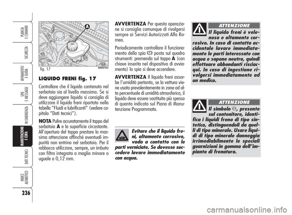 Alfa Romeo 159 2010 Libretto Uso Manutenzione (in Italian) 236
SICUREZZA
SPIE
E MESSAGGI
IN EMERGENZA
MANUTENZIONE
E CURA
DATI TECNICI
INDICE
ALFABETICO
PLANCIA
E COMANDI
AVVIAMENTO
E GUIDALIQUIDO FRENI fig. 17
Controllare che il liquido contenuto nel
se Alfa Romeo 159 2010 Libretto Uso Manutenzione (in Italian) 236
SICUREZZA
SPIE
E MESSAGGI
IN EMERGENZA
MANUTENZIONE
E CURA
DATI TECNICI
INDICE
ALFABETICO
PLANCIA
E COMANDI
AVVIAMENTO
E GUIDALIQUIDO FRENI fig. 17
Controllare che il liquido contenuto nel
se