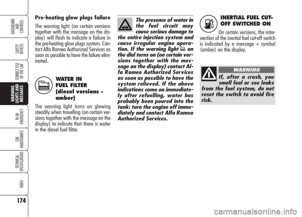Alfa Romeo 159 2006  Owner handbook (in English) 174
SAFETY
DEVICES
IN AN 
EMERGENCY
CAR
MAINTENANCE
TECHNICAL
SPECIFICATIONS
INDEX
CORRECT USE 
OF THE CAR
DASHBOARD
AND
CONTROLS
WARNING 
LIGHTS AND 
MESSAGES
INERTIAL FUEL CUT-
OFF SWITCHED ON
On ce