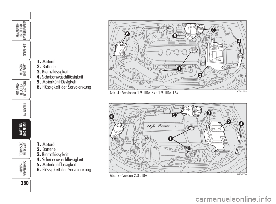 Alfa Romeo 159 2010  Betriebsanleitung (in German) 230
SICHERHEIT
KONTROLL-
LEUCHTEN 
UND ANZEIGEN
IIM NOTFALL
WARTUNG 
UND PFLEGE
TECHNISCHE
MERKMALE
INHALTS-
VERZEICHNIS
ARMATUREN-
BRETT UND 
BEDIENELEMENTE
ANLASSEN 
UND FAHRT
Abb. 4 - Versionen 1.9