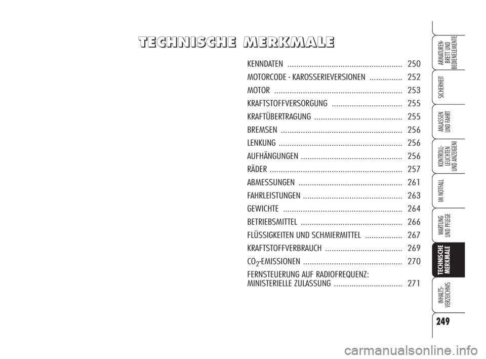 Alfa Romeo 159 2010  Betriebsanleitung (in German) 249
SICHERHEIT
KONTROLL-
LEUCHTEN
UND ANZEIGENI
IM NOTFALL
WARTUNG 
UND PFLEGE
TECHNISCHE
MERKMALE 
INHALTS-
VERZEICHNIS
ARMATUREN-
BRETT UND 
BEDIENELEMENTE
ANLASSEN 
UND FAHRT
T T
E E
C C
H H
N N
I 