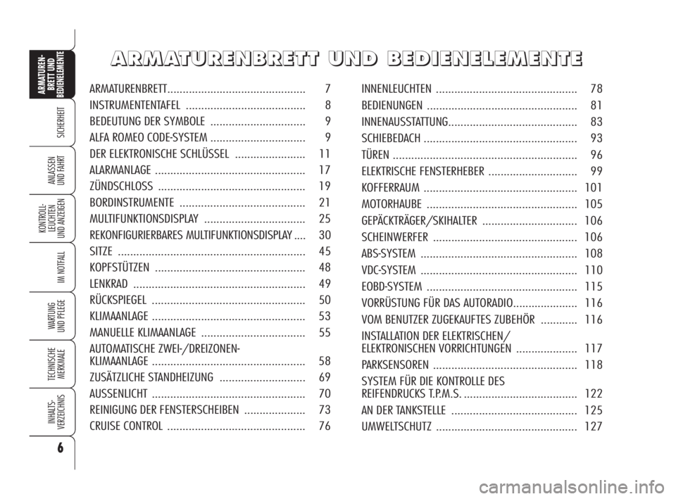 Alfa Romeo 159 2010 Betriebsanleitung (in German) 6
SICHERHEIT
KONTROLL-
LEUCHTEN
UND ANZEIGEN
IM NOTFALL
WARTUNG
UND PFLEGE
TECHNISCHE
MERKMALE
INHALTS-
VERZEICHNIS
ARMATUREN-
BRETT UND BEDIENELEMENTE
ANLASSEN
UND FAHRT
A A
R R
M M
A A
T T
U U
R Alfa Romeo 159 2010 Betriebsanleitung (in German) 6
SICHERHEIT
KONTROLL-
LEUCHTEN
UND ANZEIGEN
IM NOTFALL
WARTUNG
UND PFLEGE
TECHNISCHE
MERKMALE
INHALTS-
VERZEICHNIS
ARMATUREN-
BRETT UND BEDIENELEMENTE
ANLASSEN
UND FAHRT
A A
R R
M M
A A
T T
U U
R