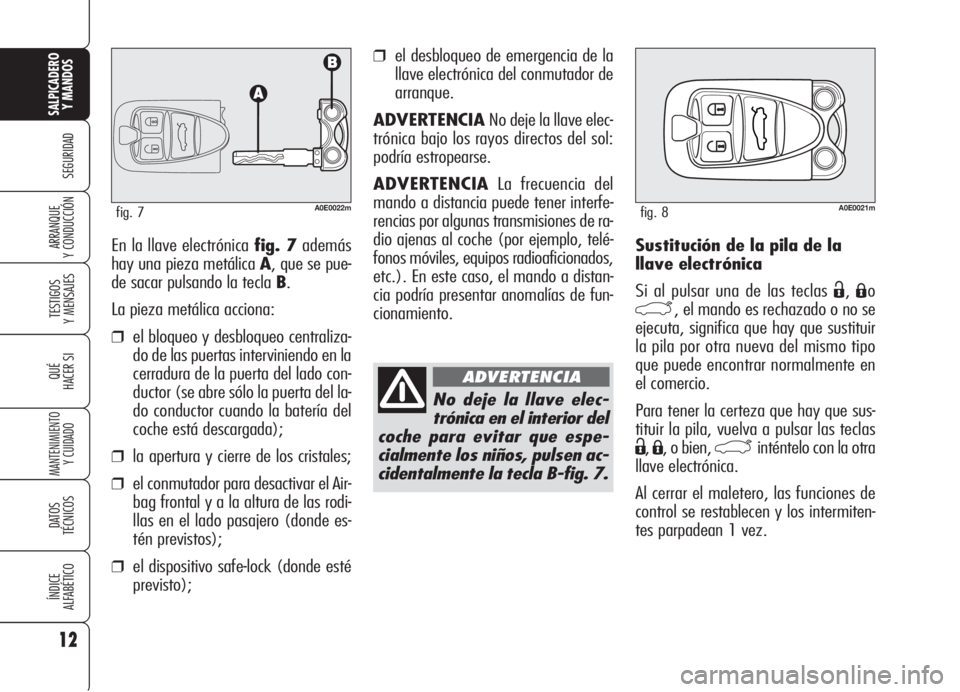 Alfa Romeo 159 2005 Manual de Empleo y Cuidado (in Spanish) Sustitución de la pila de la
llave electrónica
Si al pulsar una de las teclas
Ë,Áo
`, el mando es rechazado o no se
ejecuta, significa que hay que sustituir
la pila por otra nueva del mismo tipo Alfa Romeo 159 2005 Manual de Empleo y Cuidado (in Spanish) Sustitución de la pila de la
llave electrónica
Si al pulsar una de las teclas
Ë,Áo
`, el mando es rechazado o no se
ejecuta, significa que hay que sustituir
la pila por otra nueva del mismo tipo