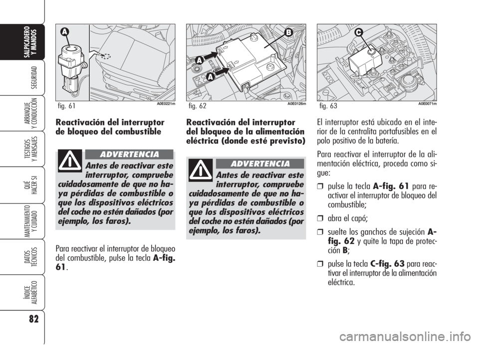 Alfa Romeo 159 2005  Manual de Empleo y Cuidado (in Spanish) Reactivación del interruptor
del bloqueo de la alimentación
eléctrica (donde esté previsto)El interruptor está ubicado en el inte-
rior de la centralita portafusibles en el
polo positivo de la ba