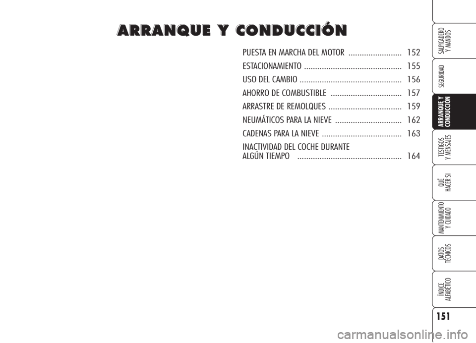 Alfa Romeo 159 2006  Manual de Empleo y Cuidado (in Spanish) 151
SEGURIDAD
TESTIGOS
Y MENSAJES
QUÉ
HACER SI
MANTENIMIENTO
Y CUIDADO
DATOS 
TÉCNICOS
ÍNDICE
ALFABÉTICO 
SALPICADERO
Y MANDOS 
ARRANQUE Y
CONDUCCIÓN
A A
R R
R R
A A
N N
Q Q
U U
E E
Y Y
C C
O O
N