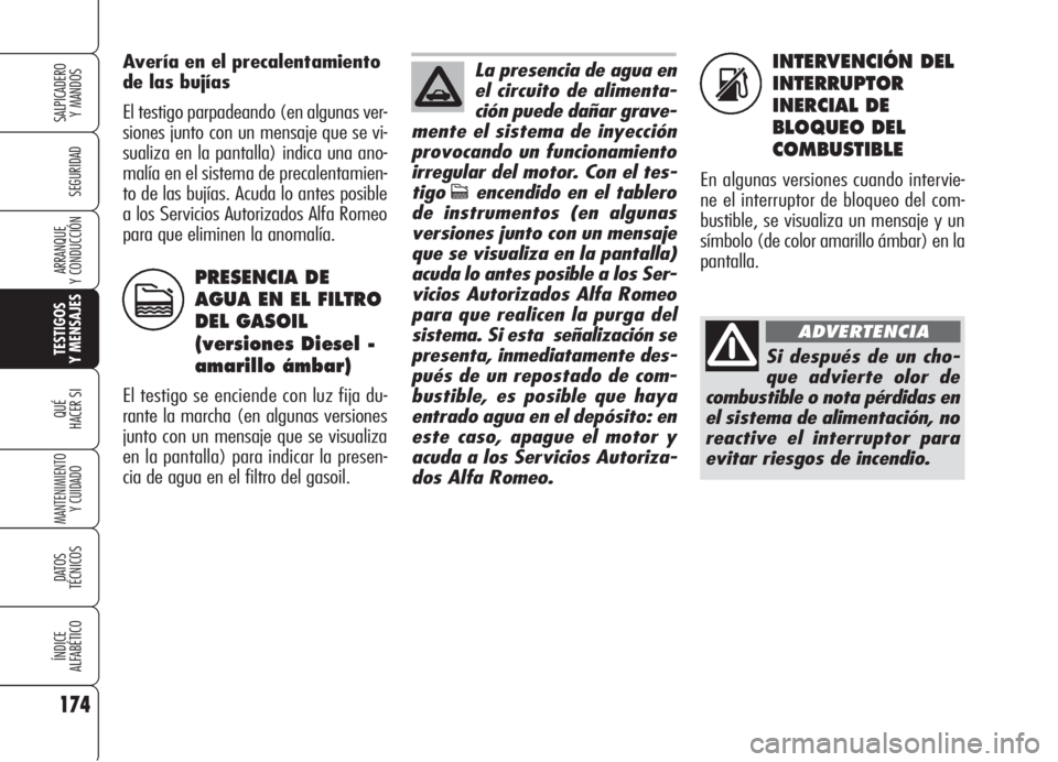 Alfa Romeo 159 2006  Manual de Empleo y Cuidado (in Spanish) INTERVENCIÓN DEL
INTERRUPTOR
INERCIAL DE
BLOQUEO DEL
COMBUSTIBLE
En algunas versiones cuando intervie-
ne el interruptor de bloqueo del com-
bustible, se visualiza un mensaje y un
símbolo (de color 