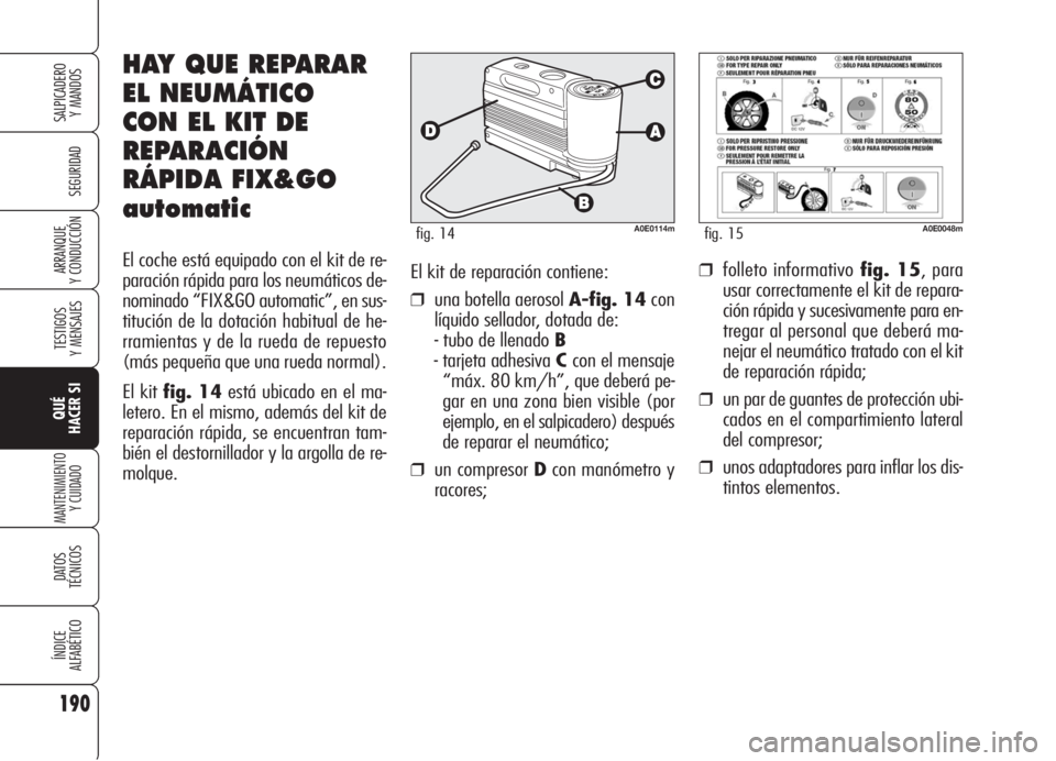 Alfa Romeo 159 2006  Manual de Empleo y Cuidado (in Spanish) El kit de reparación contiene:
❒una botella aerosol A-fig. 14con
líquido sellador, dotada de:
- tubo de llenado B
- tarjeta adhesiva Ccon el mensaje
“máx. 80 km/h”, que deberá pe-
gar en una