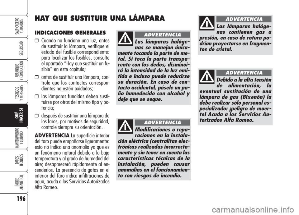 Alfa Romeo 159 2006  Manual de Empleo y Cuidado (in Spanish) 196
SEGURIDAD
TESTIGOS
Y MENSAJES
QUÉ
HACER SI
MANTENIMIENTO
Y CUIDADO
DATOS 
TÉCNICOS
ÍNDICE
ALFABÉTICO
SALPICADERO
Y MANDOS 
ARRANQUE
Y CONDUCCIÓN
INDICACIONES GENERALES
❒Cuando no funcione u