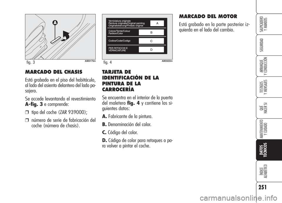 Alfa Romeo 159 2006  Manual de Empleo y Cuidado (in Spanish) TARJETA DE
IDENTIFICACIÓN DE LA 
PINTURA DE LA
CARROCERÍA
Se encuentra en el interior de la puerta
del maletero fig. 4y contiene los si-
guientes datos:
A.Fabricante de la pintura.
B.Denominación d