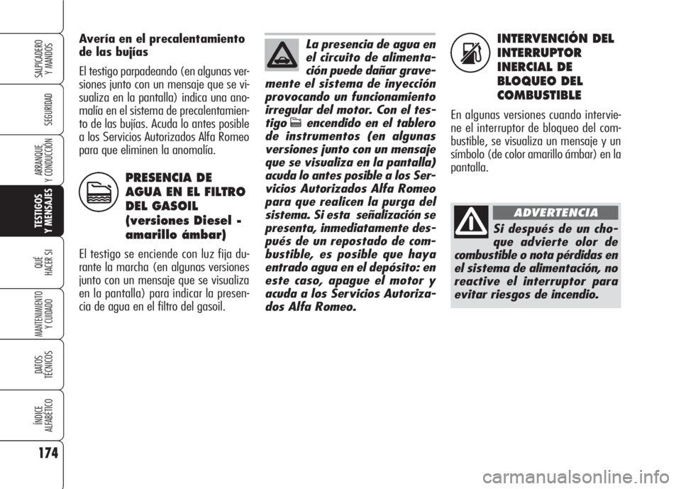 Alfa Romeo 159 2007 Manual de Empleo y Cuidado (in Spanish) INTERVENCIÓN DEL
INTERRUPTOR
INERCIAL DE
BLOQUEO DEL
COMBUSTIBLE
En algunas versiones cuando intervie-
ne el interruptor de bloqueo del com-
bustible, se visualiza un mensaje y un
símbolo (de color Alfa Romeo 159 2007 Manual de Empleo y Cuidado (in Spanish) INTERVENCIÓN DEL
INTERRUPTOR
INERCIAL DE
BLOQUEO DEL
COMBUSTIBLE
En algunas versiones cuando intervie-
ne el interruptor de bloqueo del com-
bustible, se visualiza un mensaje y un
símbolo (de color