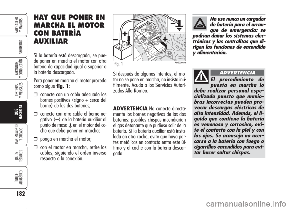 Alfa Romeo 159 2007 Manual de Empleo y Cuidado (in Spanish) 182
SEGURIDAD
TESTIGOS
Y MENSAJES
QUÉ
HACER SI
MANTENIMIENTO
Y CUIDADO
DATOS
TÉCNICOS
ÍNDICE
ALFABÉTICO
SALPICADERO
Y MANDOS
ARRANQUE
Y CONDUCCIÓN
ADVERTENCIANo conecte directa-
mente los borne Alfa Romeo 159 2007 Manual de Empleo y Cuidado (in Spanish) 182
SEGURIDAD
TESTIGOS
Y MENSAJES
QUÉ
HACER SI
MANTENIMIENTO
Y CUIDADO
DATOS
TÉCNICOS
ÍNDICE
ALFABÉTICO
SALPICADERO
Y MANDOS
ARRANQUE
Y CONDUCCIÓN
ADVERTENCIANo conecte directa-
mente los borne
