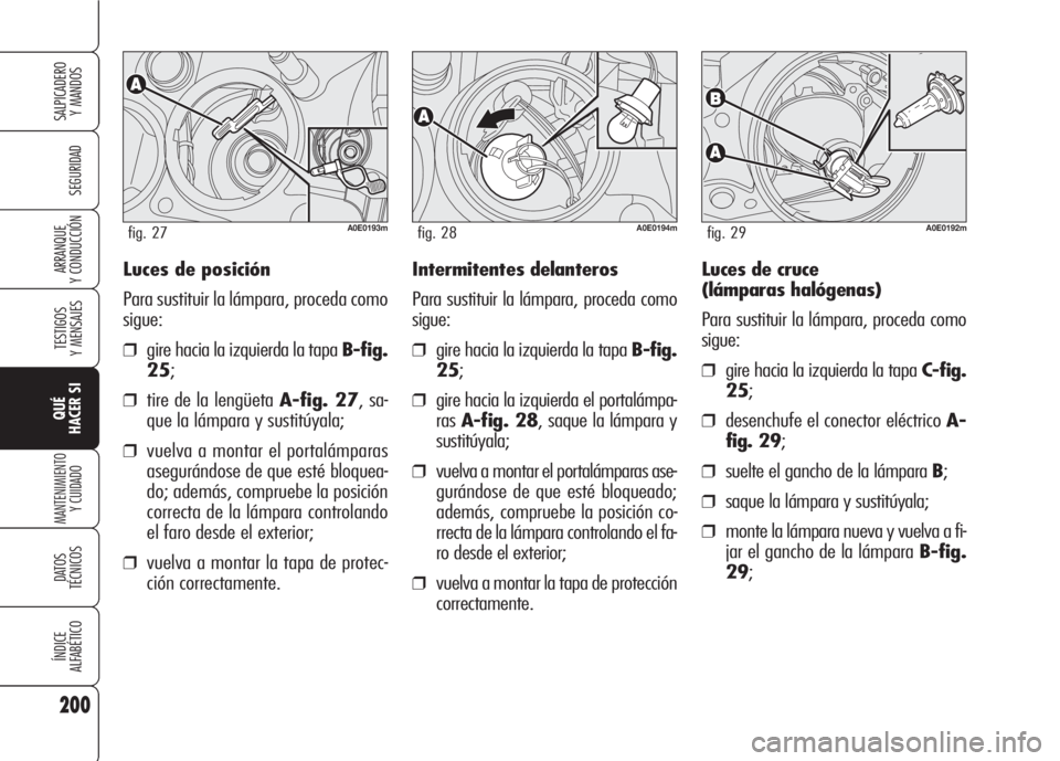 Alfa Romeo 159 2007 Manual de Empleo y Cuidado (in Spanish) Luces de posición
Para sustituir la lámpara, proceda como
sigue:
❒gire hacia la izquierda la tapa B-fig.
25;
❒tire de la lengüeta A-fig. 27, sa-
que la lámpara y sustitúyala;
❒vuelva a mont Alfa Romeo 159 2007 Manual de Empleo y Cuidado (in Spanish) Luces de posición
Para sustituir la lámpara, proceda como
sigue:
❒gire hacia la izquierda la tapa B-fig.
25;
❒tire de la lengüeta A-fig. 27, sa-
que la lámpara y sustitúyala;
❒vuelva a mont