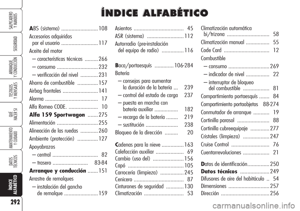 Alfa Romeo 159 2007 Manual de Empleo y Cuidado (in Spanish) 292
SEGURIDAD
TESTIGOS
Y MENSAJES
QUÉ
HACER SI
MANTENIMIENTO
Y CUIDADO
DATOS
TÉCNICOS
ÍNDICE
ALFABÉTICO
SALPICADERO
Y MANDOS
ARRANQUE
Y CONDUCCIÓN
Asientos .................................. 45 Alfa Romeo 159 2007 Manual de Empleo y Cuidado (in Spanish) 292
SEGURIDAD
TESTIGOS
Y MENSAJES
QUÉ
HACER SI
MANTENIMIENTO
Y CUIDADO
DATOS
TÉCNICOS
ÍNDICE
ALFABÉTICO
SALPICADERO
Y MANDOS
ARRANQUE
Y CONDUCCIÓN
Asientos .................................. 45