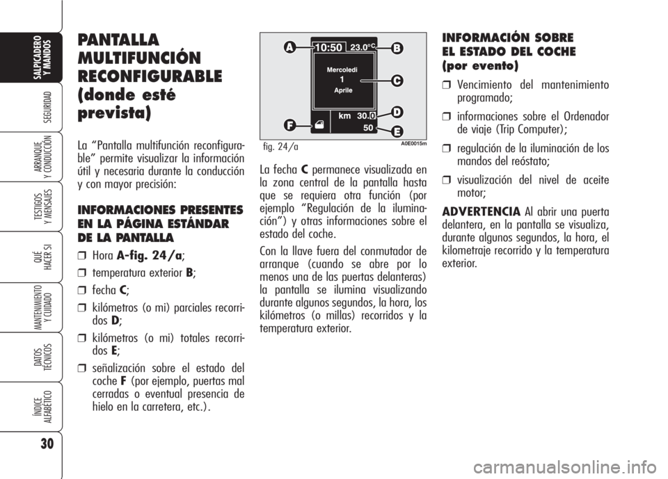 Alfa Romeo 159 2007 Manual de Empleo y Cuidado (in Spanish) 30
SEGURIDAD
TESTIGOS
Y MENSAJES
QUÉ
HACER SI
MANTENIMIENTO
Y CUIDADO
DATOS
TÉCNICOS
ÍNDICE
ALFABÉTICO
SALPICADERO
Y MANDOS
ARRANQUE
Y CONDUCCIÓNLa fecha Cpermanece visualizada en
la zona centr Alfa Romeo 159 2007 Manual de Empleo y Cuidado (in Spanish) 30
SEGURIDAD
TESTIGOS
Y MENSAJES
QUÉ
HACER SI
MANTENIMIENTO
Y CUIDADO
DATOS
TÉCNICOS
ÍNDICE
ALFABÉTICO
SALPICADERO
Y MANDOS
ARRANQUE
Y CONDUCCIÓNLa fecha Cpermanece visualizada en
la zona centr