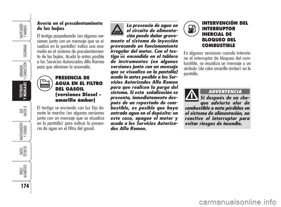 Alfa Romeo 159 2009 Manual de Empleo y Cuidado (in Spanish) INTERVENCIÓN DEL
INTERRUPTOR
INERCIAL DE
BLOQUEO DEL
COMBUSTIBLE
En algunas versiones cuando intervie-
ne el interruptor de bloqueo del com-
bustible, se visualiza un mensaje y un
símbolo (de color Alfa Romeo 159 2009 Manual de Empleo y Cuidado (in Spanish) INTERVENCIÓN DEL
INTERRUPTOR
INERCIAL DE
BLOQUEO DEL
COMBUSTIBLE
En algunas versiones cuando intervie-
ne el interruptor de bloqueo del com-
bustible, se visualiza un mensaje y un
símbolo (de color