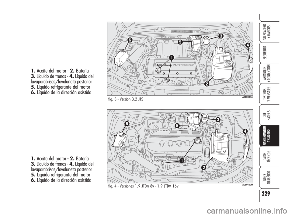 Alfa Romeo 159 2009  Manual de Empleo y Cuidado (in Spanish) 229
SEGURIDAD
TESTIGOS
Y MENSAJES
QUÉ
HACER SI
MANTENIMIENTO
Y CUIDADO
DATOS 
TÉCNICOS
ÍNDICE
ALFABÉTICO 
SALPICADERO
Y MANDOS 
ARRANQUE
Y CONDUCCIÓN
fig. 3 - Versión 3.2 JTSA0E0038m
fig. 4 - Ve