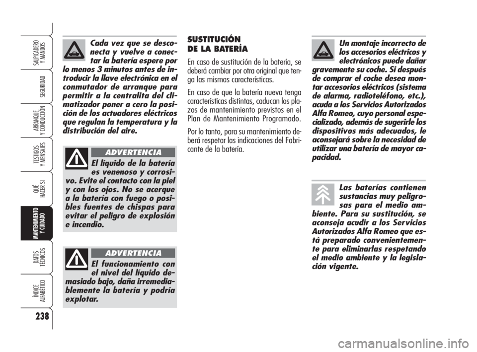 Alfa Romeo 159 2009  Manual de Empleo y Cuidado (in Spanish) 238
SEGURIDAD
TESTIGOS
Y MENSAJES
QUÉ
HACER SI
MANTENIMIENTO
Y CUIDADO
DATOS 
TÉCNICOS
ÍNDICE
ALFABÉTICO
SALPICADERO
Y MANDOS 
ARRANQUE
Y CONDUCCIÓN
SUSTITUCIÓN
DE LA BATERÍA
En caso de sustitu