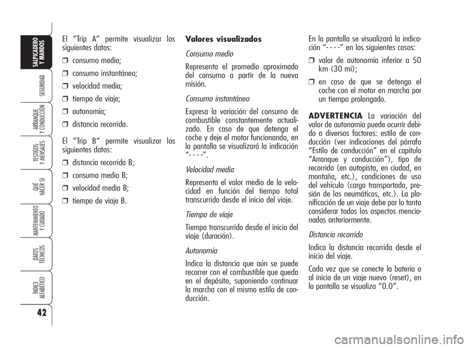 Alfa Romeo 159 2009 Manual de Empleo y Cuidado (in Spanish) 42
SEGURIDAD
TESTIGOS
Y MENSAJES
QUÉ
HACER SI
MANTENIMIENTO
Y CUIDADO
DATOS
TÉCNICOS
ÍNDICE
ALFABÉTICO
SALPICADERO
Y MANDOS
ARRANQUE
Y CONDUCCIÓN
Valores visualizados
Consumo medio
Representa e Alfa Romeo 159 2009 Manual de Empleo y Cuidado (in Spanish) 42
SEGURIDAD
TESTIGOS
Y MENSAJES
QUÉ
HACER SI
MANTENIMIENTO
Y CUIDADO
DATOS
TÉCNICOS
ÍNDICE
ALFABÉTICO
SALPICADERO
Y MANDOS
ARRANQUE
Y CONDUCCIÓN
Valores visualizados
Consumo medio
Representa e