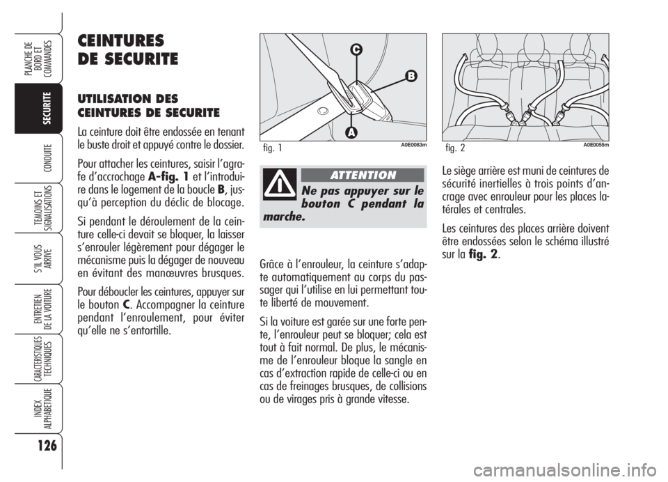 Alfa Romeo 159 2005  Notice dentretien (in French) 126
SECURITE
TEMOINS ET
SIGNALISATIONS
S’IL VOUS 
ARRIVE
ENTRETIEN
DE LA VOITURE
CARACTERISTIQUESTECHNIQUES
INDEX
ALPHABETIQUE
PLANCHE DE
BORD ET 
COMMANDES
CONDUITE
Ne pas appuyer sur le
bouton C p