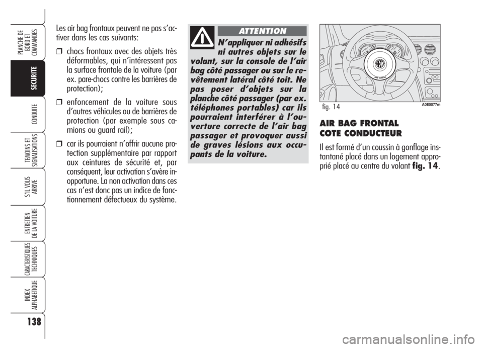 Alfa Romeo 159 2005 Notice dentretien (in French) 138
SECURITE
TEMOINS ET
SIGNALISATIONS
S’IL VOUS
ARRIVE
ENTRETIEN
DE LA VOITURE
CARACTERISTIQUESTECHNIQUES
INDEX
ALPHABETIQUE
PLANCHE DE
BORD ET
COMMANDES
CONDUITEAIR BAG FRONTAL
COTE CONDUCTEUR
Alfa Romeo 159 2005 Notice dentretien (in French) 138
SECURITE
TEMOINS ET
SIGNALISATIONS
S’IL VOUS
ARRIVE
ENTRETIEN
DE LA VOITURE
CARACTERISTIQUESTECHNIQUES
INDEX
ALPHABETIQUE
PLANCHE DE
BORD ET
COMMANDES
CONDUITEAIR BAG FRONTAL
COTE CONDUCTEUR