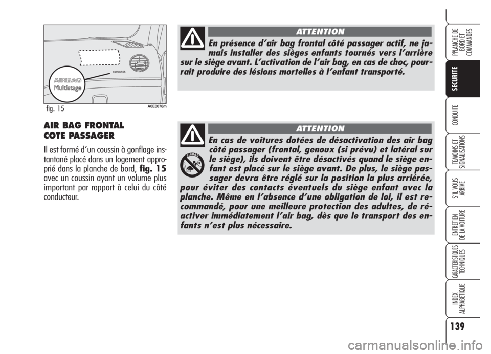 Alfa Romeo 159 2005 Notice dentretien (in French) En cas de voitures dotées de désactivation des air bag
côté passager (frontal, genoux (si prévu) et latéral sur
le siège), ils doivent être désactivés quand le siège en-
fant est placé sur Alfa Romeo 159 2005 Notice dentretien (in French) En cas de voitures dotées de désactivation des air bag
côté passager (frontal, genoux (si prévu) et latéral sur
le siège), ils doivent être désactivés quand le siège en-
fant est placé sur