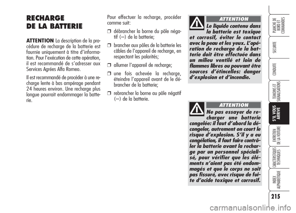 Alfa Romeo 159 2005 Notice dentretien (in French) 215
SECURITE
TEMOINS ET
SIGNALISATIONS
S’IL VOUS
ARRIVE
ENTRETIEN
DE LA VOITURE
CARACTERISTIQUESTECHNIQUES
INDEX
ALPHABETIQUE
PLANCHE DE
BORD ET
COMMANDES
CONDUITE
RECHARGE
DE LA BATTERIE
ATTENTION Alfa Romeo 159 2005 Notice dentretien (in French) 215
SECURITE
TEMOINS ET
SIGNALISATIONS
S’IL VOUS
ARRIVE
ENTRETIEN
DE LA VOITURE
CARACTERISTIQUESTECHNIQUES
INDEX
ALPHABETIQUE
PLANCHE DE
BORD ET
COMMANDES
CONDUITE
RECHARGE
DE LA BATTERIE
ATTENTION