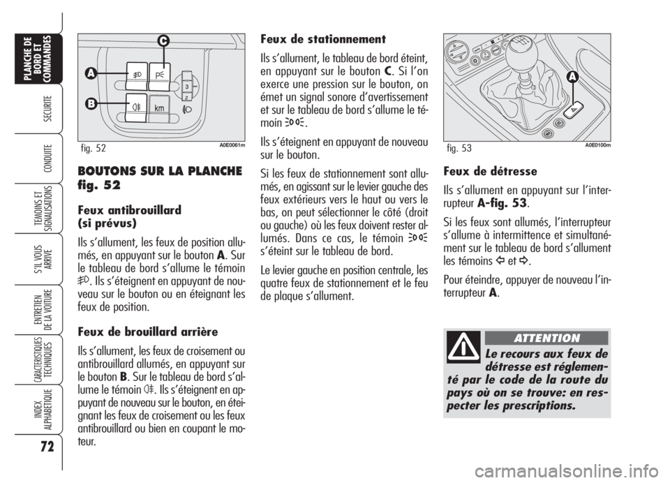 Alfa Romeo 159 2005 Notice dentretien (in French) 72
SECURITE
TEMOINS ET
SIGNALISATIONS
S’IL VOUS
ARRIVE
ENTRETIEN
DE LA VOITURE
CARACTERISTIQUESTECHNIQUES
INDEX
ALPHABETIQUE
PLANCHE DE
BORD ET
COMMANDES
CONDUITE
Feux de stationnement
Ils s’allum Alfa Romeo 159 2005 Notice dentretien (in French) 72
SECURITE
TEMOINS ET
SIGNALISATIONS
S’IL VOUS
ARRIVE
ENTRETIEN
DE LA VOITURE
CARACTERISTIQUESTECHNIQUES
INDEX
ALPHABETIQUE
PLANCHE DE
BORD ET
COMMANDES
CONDUITE
Feux de stationnement
Ils s’allum