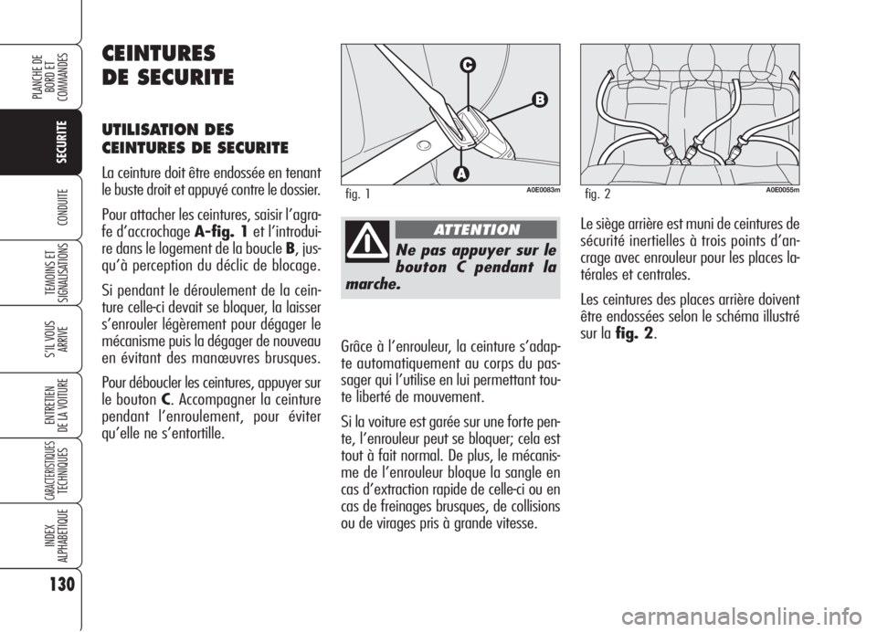 Alfa Romeo 159 2006  Notice dentretien (in French) 130
SECURITE
TEMOINS ET
SIGNALISATIONS
S’IL VOUS 
ARRIVE
ENTRETIEN
DE LA VOITURE
CARACTERISTIQUESTECHNIQUES
INDEX
ALPHABETIQUE
PLANCHE DE
BORD ET 
COMMANDES
CONDUITE
Ne pas appuyer sur le
bouton C p