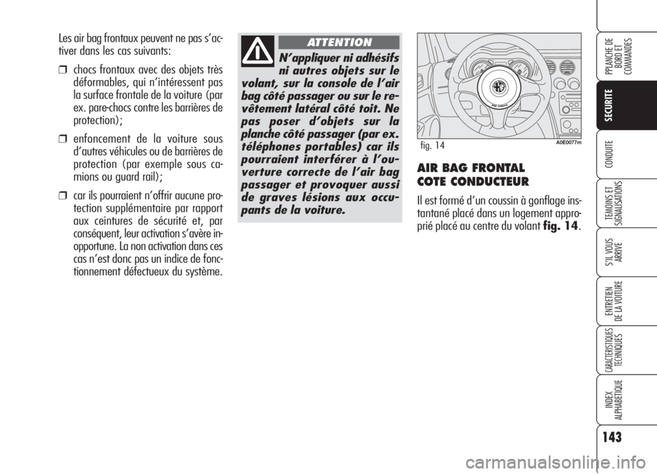 Alfa Romeo 159 2006  Notice dentretien (in French) 143
SECURITE
TEMOINS ET 
SIGNALISATIONS
S’IL VOUS
ARRIVE
ENTRETIEN
DE LA VOITURE
CARACTERISTIQUES
TECH
NIQUES
INDEX
ALPHABETIQUE
PPLANCHE DE
BORD ET 
COMMANDES
CONDUITEAIR BAG FRONTAL 
COTE CONDUCTE