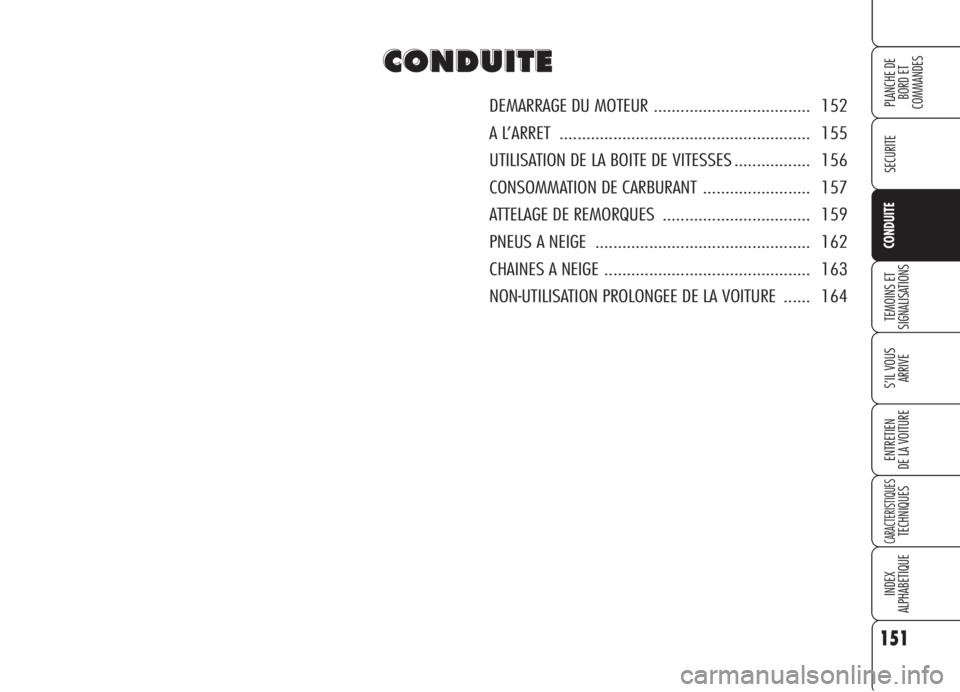 Alfa Romeo 159 2006  Notice dentretien (in French) 151
SECURITE
TEMOINS ET
SIGNALISATIONS
S’IL VOUS 
ARRIVE
ENTRETIEN
DE LA VOITURE
CARACTERISTIQUESTECHNIQUES
INDEX
ALPHABETIQUE
PLANCHE DE
BORD ET 
COMMANDES
CONDUITE
C C
O O
N N
D D
U U
I I
T T
E E
