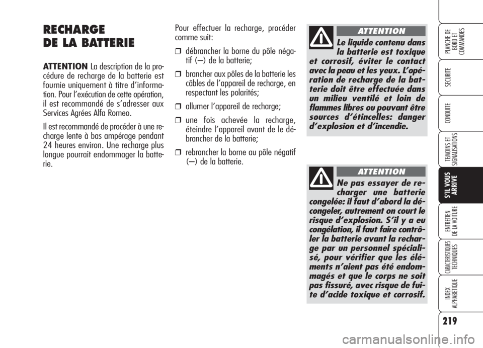 Alfa Romeo 159 2006  Notice dentretien (in French) 219
SECURITE
TEMOINS ET
SIGNALISATIONS
S’IL VOUS
ARRIVE
ENTRETIEN
DE LA VOITURE
CARACTERISTIQUESTECHNIQUES
INDEX
ALPHABETIQUE
PLANCHE DE
BORD ET 
COMMANDES
CONDUITE
RECHARGE
DE LA BATTERIE
ATTENTION