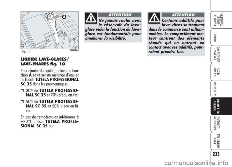 Alfa Romeo 159 2006  Notice dentretien (in French) 233
CONDUITE
S’IL VOUS 
ARRIVE
IN EMERGENZA
ENTRETIEN
DE LA VOITURE
CARACTERISTIQUESTECHNIQUES
INDEX
ALPHABETIQUE
PLANCHE DE
BORD ET 
COMMANDES
TEMOINS ET 
SIGNALISATIONSLIQUIDE LAVE-GLACES/
LAVE-PH