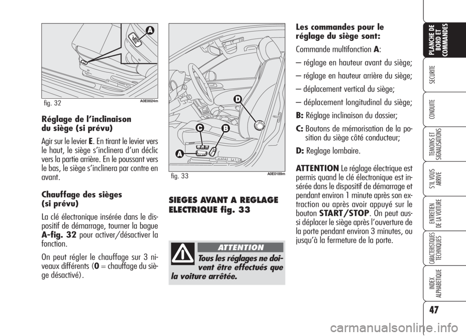 Alfa Romeo 159 2006  Notice dentretien (in French) 47
SECURITE
TEMOINS ET
SIGNALISATIONS
S’IL VOUS
ARRIVE
ENTRETIEN
DE LA VOITURE
CARACTERISTIQUESTECHNIQUES
INDEX
ALPHABETIQUE
PLANCHE DE
BORD ET
COMMANDES
CONDUITE
SIEGES AVANT A REGLAGE
ELECTRIQUE f