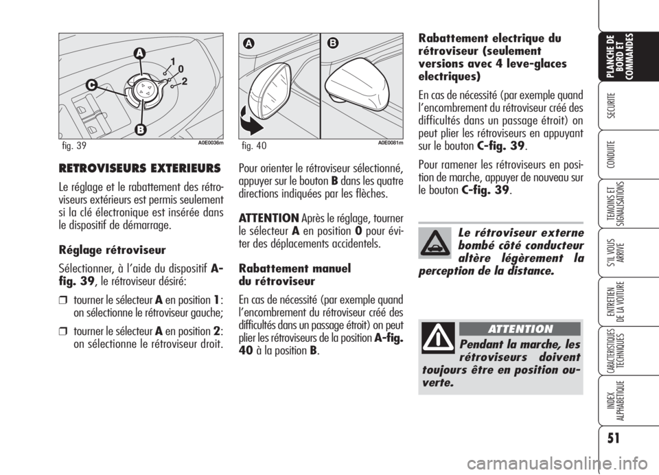 Alfa Romeo 159 2006  Notice dentretien (in French) 51
SECURITE
TEMOINS ET
SIGNALISATIONS
S’IL VOUS
ARRIVE
ENTRETIEN
DE LA VOITURE
CARACTERISTIQUESTECHNIQUES
INDEX
ALPHABETIQUE
PLANCHE DE
BORD ET
COMMANDES
CONDUITEPour orienter le rétroviseur sélec