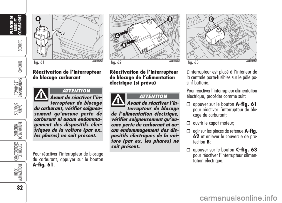 Alfa Romeo 159 2006  Notice dentretien (in French) Réactivation de l’interrupteur
de blocage de l’alimentation
électrique (si prévu)L’interrupteur est placé à l’intérieur de
la centrale porte-fusibles sur le pôle po-
sitif batterie.
Pou