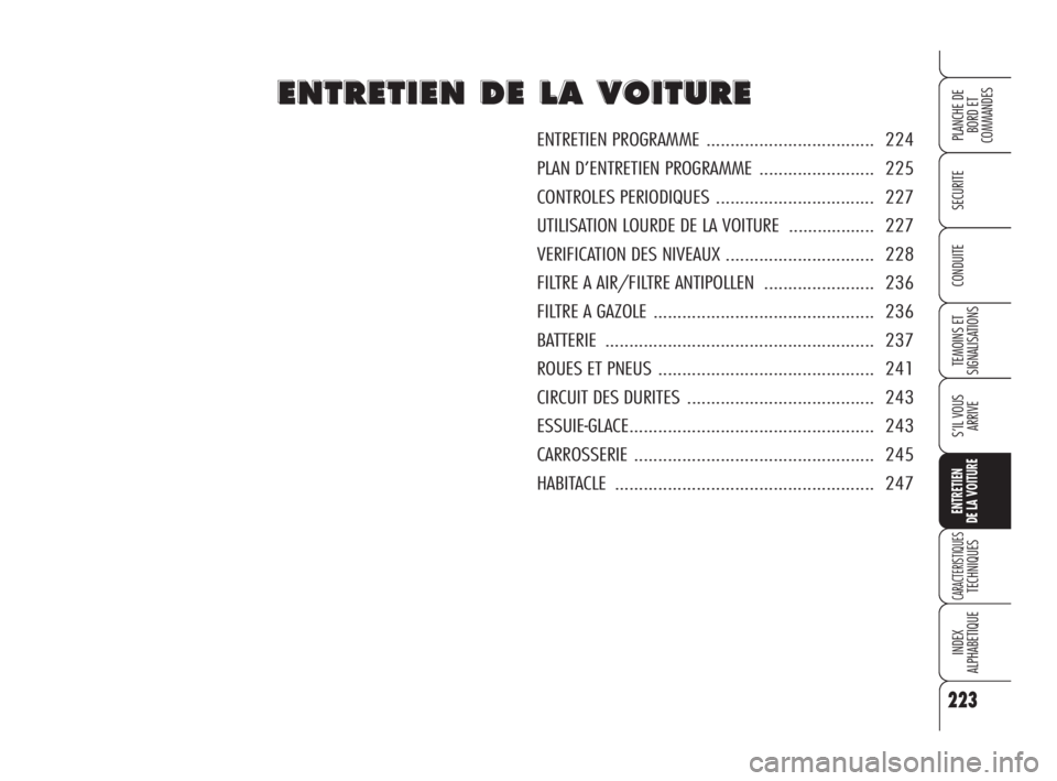 Alfa Romeo 159 2008 Notice dentretien (in French) 223
SECURITE
TEMOINS ET
SIGNALISATIONS
S’IL VOUS
ARRIVE
ENTRETIEN
DE LA VOITURE
CARACTERISTIQUESTECHNIQUES
INDEX
ALPHABETIQUE
PLANCHE DE
BORD ET
COMMANDES
CONDUITE
E E
N N
T T
R R
E E
T T
I I
E E Alfa Romeo 159 2008 Notice dentretien (in French) 223
SECURITE
TEMOINS ET
SIGNALISATIONS
S’IL VOUS
ARRIVE
ENTRETIEN
DE LA VOITURE
CARACTERISTIQUESTECHNIQUES
INDEX
ALPHABETIQUE
PLANCHE DE
BORD ET
COMMANDES
CONDUITE
E E
N N
T T
R R
E E
T T
I I
E E
