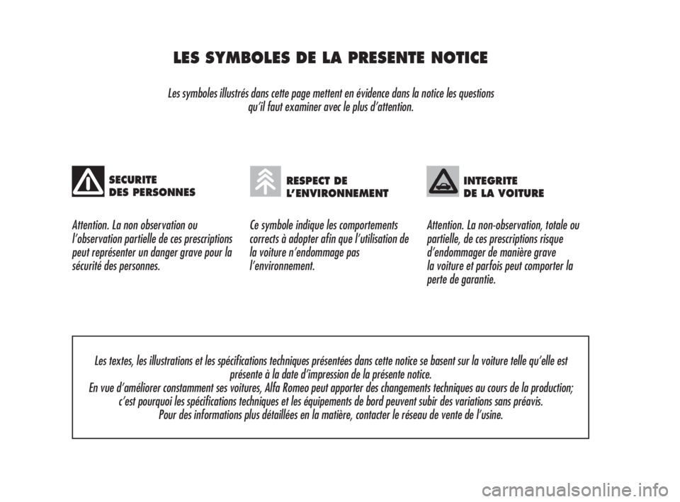 Alfa Romeo 159 2008 Notice dentretien (in French) LES SYMBOLES DE LA PRESENTE NOTICE
Les symboles illustrés dans cette page mettent en évidence dans la notice les questions
qu’il faut examiner avec le plus d’attention.
Attention. La non observ Alfa Romeo 159 2008 Notice dentretien (in French) LES SYMBOLES DE LA PRESENTE NOTICE
Les symboles illustrés dans cette page mettent en évidence dans la notice les questions
qu’il faut examiner avec le plus d’attention.
Attention. La non observ