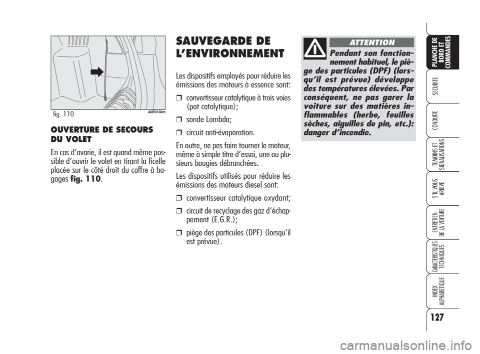Alfa Romeo 159 2009 Notice dentretien (in French) 127
SECURITE
TEMOINS ET
SIGNALISATIONS
S’IL VOUS
ARRIVE
ENTRETIEN
DE LA VOITURE
CARACTERISTIQUESTECHNIQUES
INDEX
ALPHABETIQUE
PLANCHE DE
BORD ET
COMMANDES
CONDUITE
SAUVEGARDE DE
L’ENVIRONNEMENT
L Alfa Romeo 159 2009 Notice dentretien (in French) 127
SECURITE
TEMOINS ET
SIGNALISATIONS
S’IL VOUS
ARRIVE
ENTRETIEN
DE LA VOITURE
CARACTERISTIQUESTECHNIQUES
INDEX
ALPHABETIQUE
PLANCHE DE
BORD ET
COMMANDES
CONDUITE
SAUVEGARDE DE
L’ENVIRONNEMENT
L