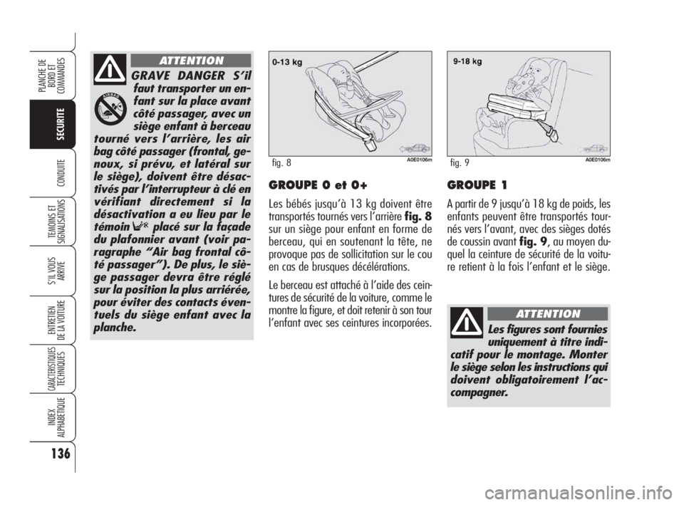 Alfa Romeo 159 2009 Notice dentretien (in French) 136
SECURITE
TEMOINS ET
SIGNALISATIONS
S’IL VOUS
ARRIVE
ENTRETIEN
DE LA VOITURE
CARACTERISTIQUESTECHNIQUES
INDEX
ALPHABETIQUE
PLANCHE DE
BORD ET
COMMANDES
CONDUITEGROUPE 0 et 0+
Les bébés jusqu Alfa Romeo 159 2009 Notice dentretien (in French) 136
SECURITE
TEMOINS ET
SIGNALISATIONS
S’IL VOUS
ARRIVE
ENTRETIEN
DE LA VOITURE
CARACTERISTIQUESTECHNIQUES
INDEX
ALPHABETIQUE
PLANCHE DE
BORD ET
COMMANDES
CONDUITEGROUPE 0 et 0+
Les bébés jusqu