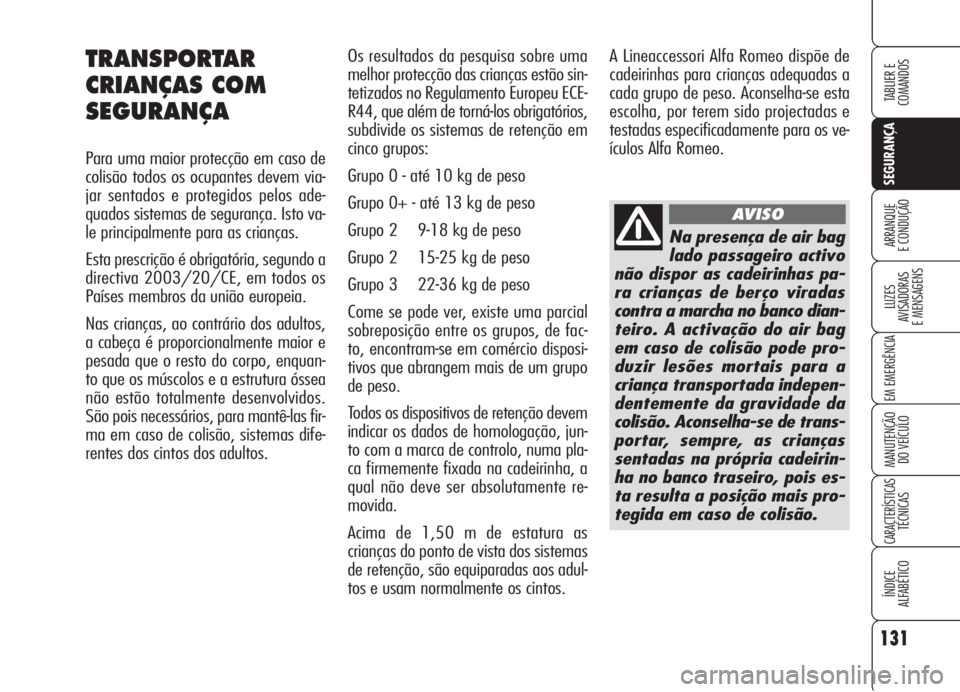 Alfa Romeo 159 2005  Manual de Uso e Manutenção (in Portuguese) 131
SEGURANÇA
LUZES
AVISADORAS 
E MENSAGENS 
EM EMERGÊNCIA 
MANUTENÇÃO
DO VEÍCULO 
CARACTERÍSTICASTÉCNICAS
ÍNDICE
ALFABÉTICO
TABLIER E 
COMANDOS
ARRANQUE
E CONDUÇÃO 
Os resultados da pesqui