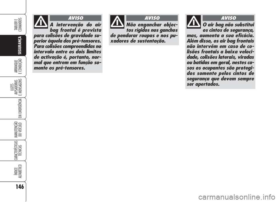 Alfa Romeo 159 2005  Manual de Uso e Manutenção (in Portuguese) 146
SEGURANÇA
LUZES
AVISADORAS 
E MENSAGENS 
EM EMERGÊNCIA 
MANUTENÇÃO
DO VEÍCULO 
CARACTERÍSTICASTÉCNICAS
ÍNDICE
ALFABÉTICO
TABLIER E 
COMANDOS
ARRANQUE
E CONDUÇÃO 
A intervenção do air
