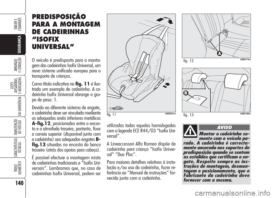 Alfa Romeo 159 2006  Manual de Uso e Manutenção (in Portuguese) 140
SEGURANÇA
LUZES
AVISADORAS 
E MENSAGENS 
EM EMERGÊNCIA 
MANUTENÇÃO
DO VEÍCULO 
CARACTERÍSTICASTÉCNICAS
ÍNDICE
ALFABÉTICO
TABLIER E 
COMANDOS
ARRANQUE
E CONDUÇÃO 
Montar a cadeirinha so-